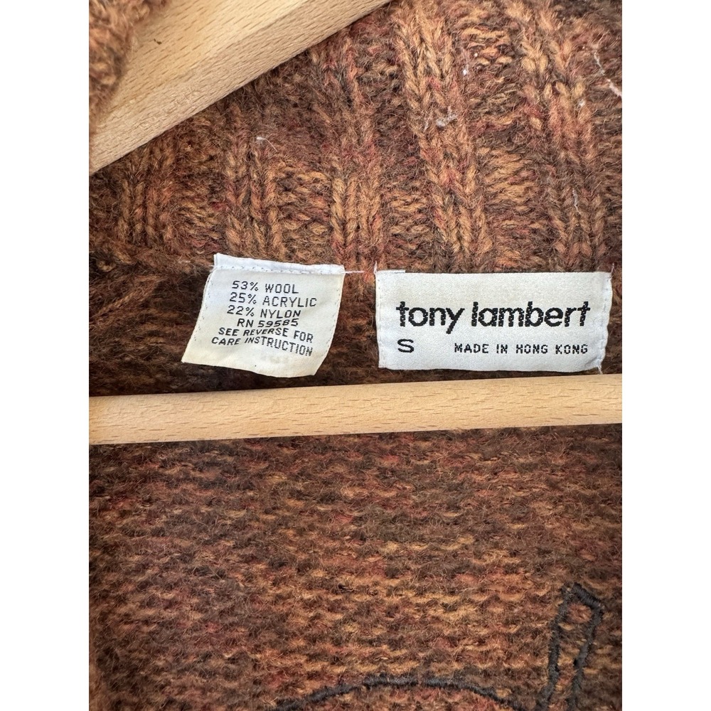 Vintage 1980s Tony Lambert Cardigan Sweater Shawl Collar Leather Fall Leaves S - Picture 9 of 9